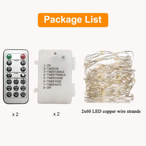2 Pack 20 Feet 60 Warm White Led Battery Operated Fairy Lights with Remote Control Timer Waterproof Silver Copper Wire Twinkle String Lights for P...