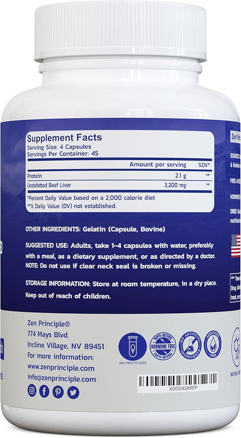 Zen Principle Ultra-Pure Desiccated Beef Liver, Grass-Fed, Pasture-Raised Cows. No Hormones or GMO. Natural Energy and Workout Boost from Iron, Am...