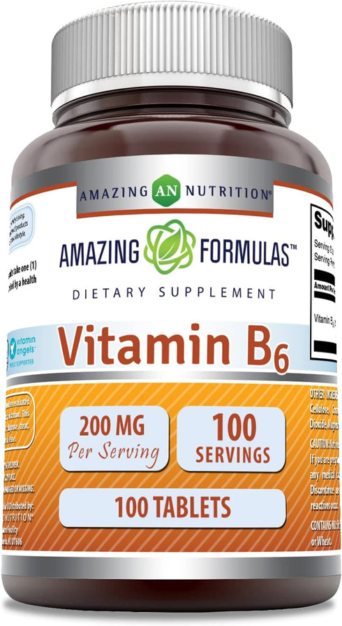 Amazing Formulas Vitamin B6 Pyridoxine 200mg 100 Tablets Supplement | Non-GMO | Gluten Free | Made in USA...