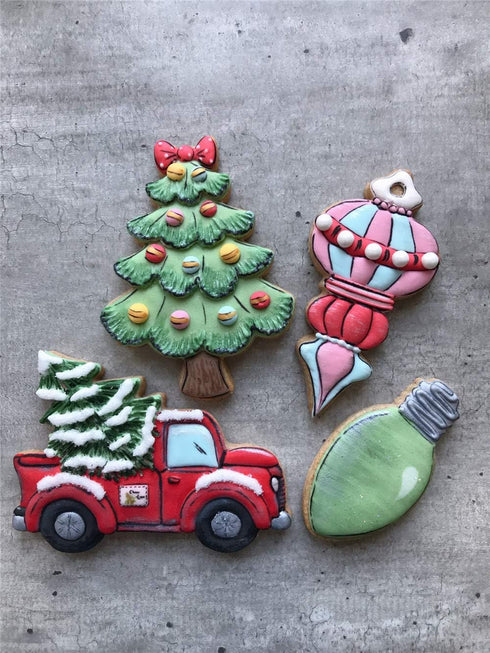 LILIAO Christmas Cookie Cutter Set, 4-pc, Pickup Truck with Christmas Tree, Christmas Tree, Light Bulb and Christmas Ornament Biscuit Fondant Cutt...