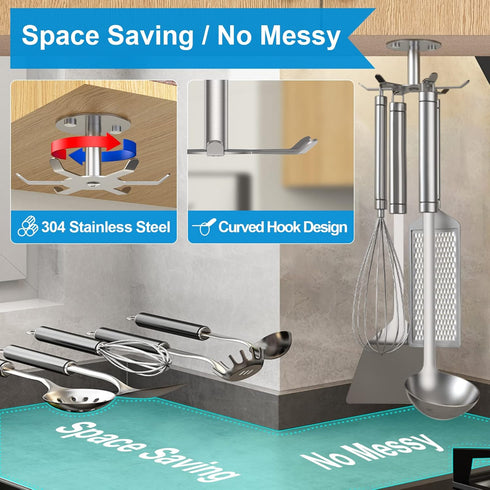 2pcs Under Cabinet Hooks Rotating Kitchen Utensil Holder 304 Stainless Steel Adhesive Utensil Hanging Rack for Kitchen Utensils/Tools/Towel/Knife(...