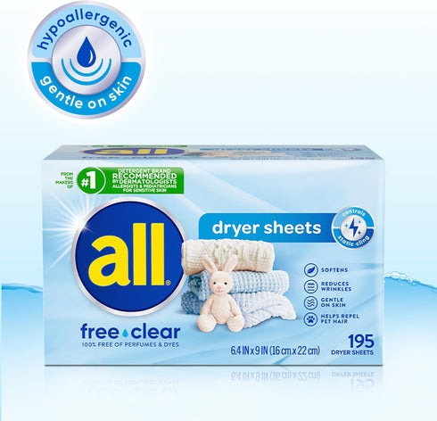 all Fabric Softener Dryer Sheets for Sensitive Skin, Free Clear, 195 Count...