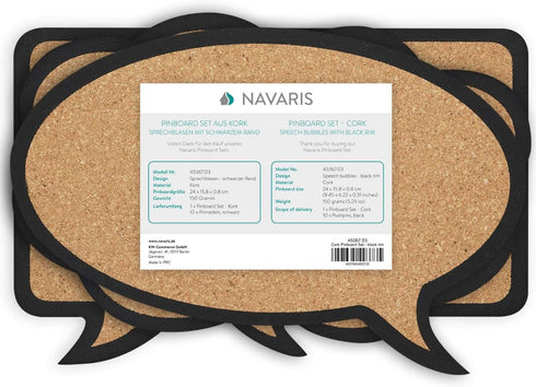 Navaris Cork Bulletin Board Set - 3X Pieces Cork Boards in Cute Decorative Speech and Thought Bubble Shapes with Push Pins for Kitchen, Home, Offi...