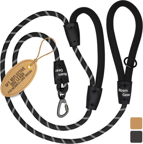 6 Foot Dog Leash, 2 Extra Padded Handles, Lockable Metal Carabiner Clip, Durable Silicone Clamps, Reflective No Pull Heavy Duty Rope Lead, Walking...