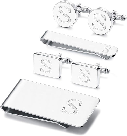 JOERICA 6 PCS Engraved Initial Cufflinks Tie Bar Money Clip Set Shirt Alphabet Letter Wallet Tie Clip and Cufflink Set...