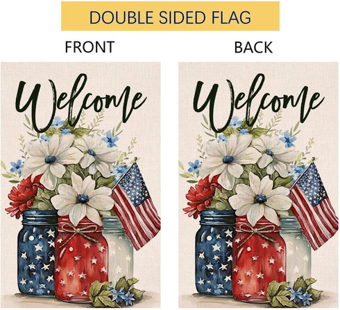 4th of July Floral Garden Flag 12x18 Vertical Double Sided Patriotic Mason Jar Flowers Red Blue Memorial Day Independence Day Holiday Outside Deco...