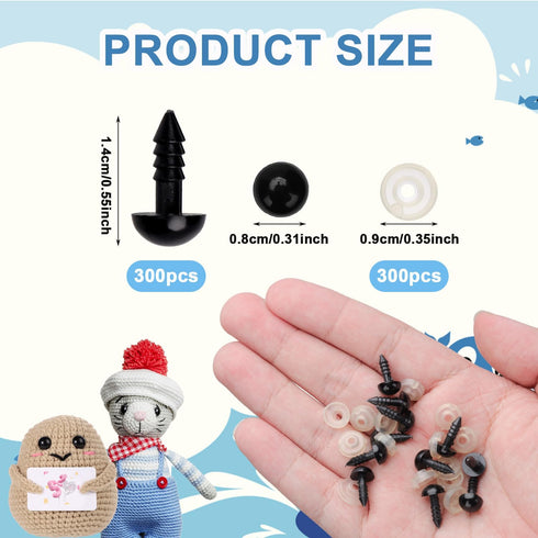 600pcs 8mm Safety Eyes with Washers, Plastic Safety Eyes Black Doll Eyes Stuffed Animal Eyes for Amigurumi Crochet DIY Crafts Bear Animal Making S...