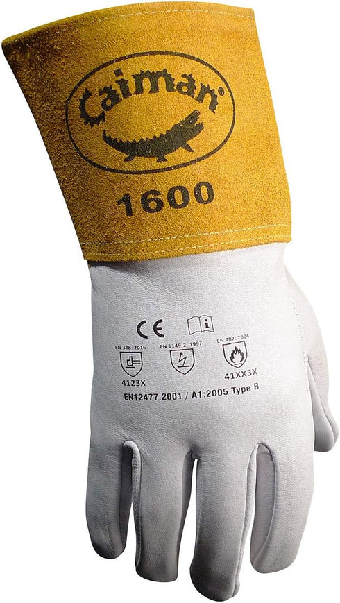 Caiman Premium Goat Grain TIG Welding Gloves, 4-Inch Gold Extended Cuff, Unlined, White/Gold, Medium (1600-4)...