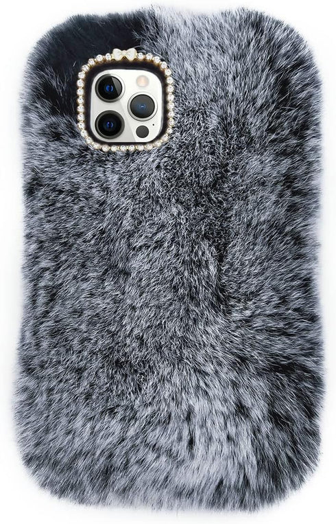 Losin Compatible with iPhone 15 Pro Case Cute Plush Case with Glitter Lanyard Strap Bling Diamond Camera Lens Protector Soft Winter Warm Plush Flu...