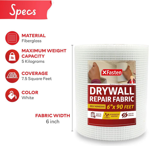 XFasten Drywall Repair Mesh Tape - 6-Inch X 90-Foot Mesh Tape for Drywall Repair, Fiberglass Drywall Patch Hole, Heavy Duty Wall Repair Mesh Spack...
