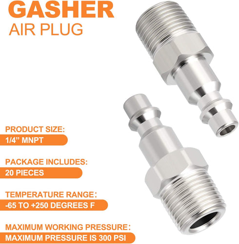GASHER 1/4-Inch NPT Male Industrial Air Plug,1/4-Inch High Flow Pneumatic Plugs 300PSI (20-Pack)...