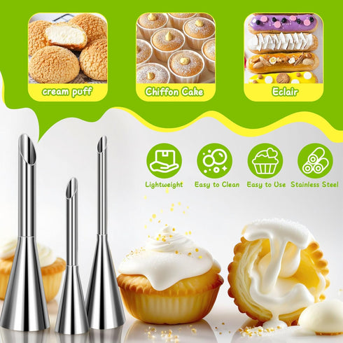 Suuker Cream Piping Tips, Stainless Steel Long Cream Puff Nozzle Decor Small Pastry Icing Piping Decorating Tools (3 Pieces)...