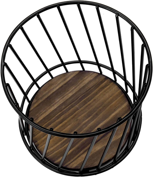 MyGift Modern Wire Utensil Holder, Decorative Matte Black Metal Kitchen Utensils Crock with Rustic Burnt Solid Wood Base, Countertop Round Basket ...