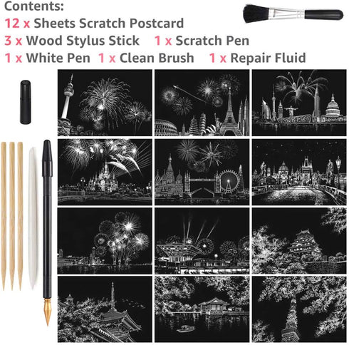 Magic Scratch Art Paper, Mini Envelope Postcard, Rainbow Night View Scratchboard for Adults and Kids, Art & Crafts Set: 12Sheets Scratch Cards & 7...