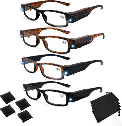 4 Pack Reading Glasses with Lights in Frame, Bright LED Readers Magnifying Glasses for Men Women, Lightweight Reading Glasses +350...
