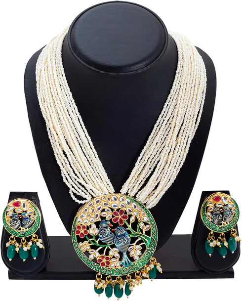 Traditional Indian Gold Plated Green Meenakari, CZ & Multilayer Pearls Adjustable Dori Long Pendant Necklace with Matching Earrings Jewellery/Jewe...