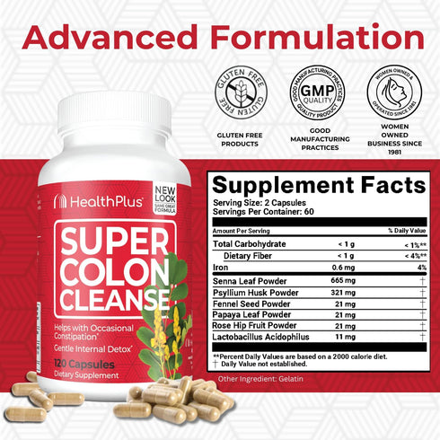 Health Plus Super Colon Cleanse 10 Day Gentle Gut Cleanse Detox, Psyllium Husk, Probiotics for Constipation Relief & Digestive Support, 120 Capsul...