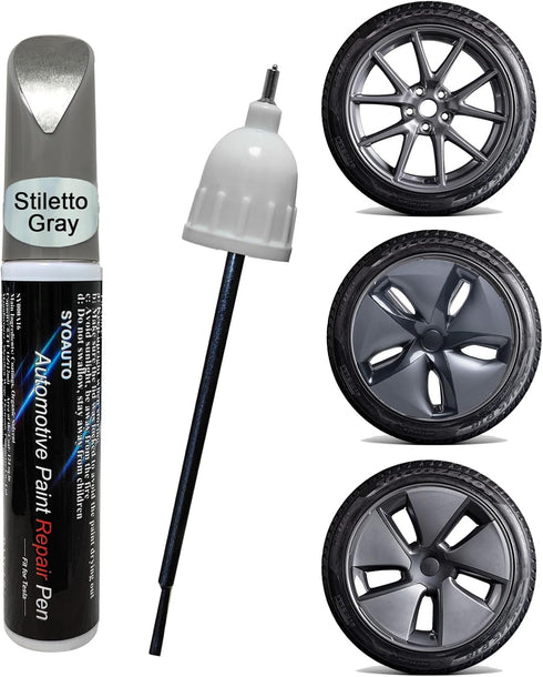 SYOAUTO Stiletto Gray Rim Touch Up Paint For Tesla Model 3 18" Aero Wheel Touch Up Paint Pen Tip and Brush 2 in 1 Rim Scratch Repair Wheel Curb Ra...