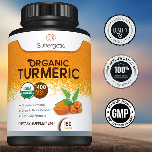 Sunergetic USDA Certified Organic Turmeric Supplement – Includes Organic Turmeric & Organic Black Pepper – 1,400mg of Turmeric per Serving - 180 C...
