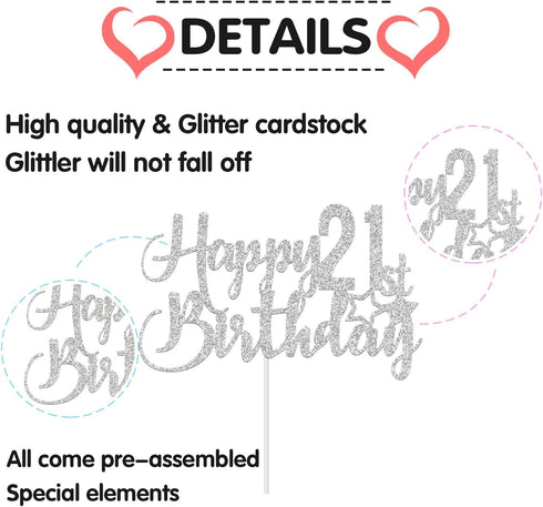 Silver Glitter 21st Birthday Cake Topper - 21st Party Decoration...