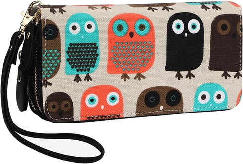 LATH.PIN Women Zipper Wallet Owl Wallet Purse Canvas Phone Card Holder with Coin Pocket and Strap...