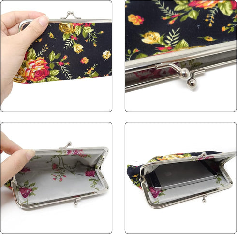 Honbay 4PCS Canvas Floral Coin Purse, Kiss Lock Change Purse, Vintage Trinkets Pouch, Cell Phone Pouch, Rose Pattern Clasp Closure Wallet, 3.54 x ...