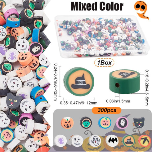 1 Box 300Pcs Halloween Clay Bead Polymer Clay Beads Holiday Pumpkin Ghost Spider Bat Heishi Spacer Beads for Jewelry Making Supplies Bead Assortme...