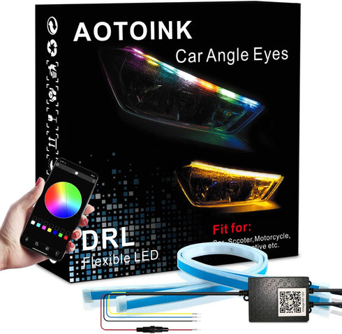 Car Headlight LED Strip, 24Inch RGB Multi Color Headlight Surface LED Daytime Running Lights Flexible DRL Tube Strip Sequential Neon Decorative Sw...