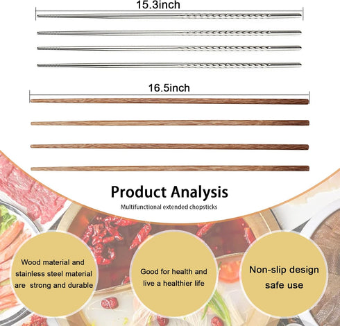 4 Pcs Long Cooking Chopsticks Reusable 15.3 Inch Non-slip Threaded Stainless Steel Chopsticks and 16.5 Inch Natural Wooden Extra Long Chopstick fo...
