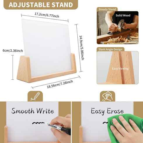 Desktop Glass Whiteboard with Wood Base, Small Whiteboard Glass Dry Erase Board Mini Whiteboard Portable Desk Whiteboard for Home, Office, 6.9x5.8...