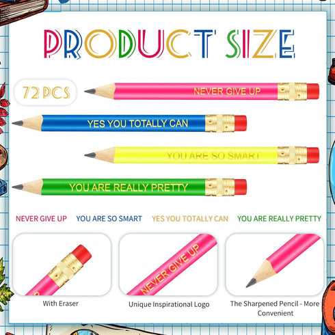 Tinlade 72 Pcs Inspirational Golf Pencils with Erasers for Kids Bulk 4 Colors Quotes Presharpened Neon Mini Pencils Motivational Pencils Half Penc...