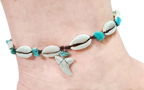 Genuine Mako Shark Tooth Anklet, Handmade Cowrie Shells Anklet for Women Surfer Jewelry EA389-AN...