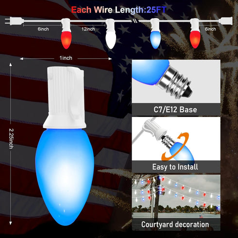 Red White and Blue C7 Outdoor Lights, 25Ft 4th of July Patriotic String Lights with 27 Red White Blue LED Bulbs, Fourth of July Decorations Waterp...