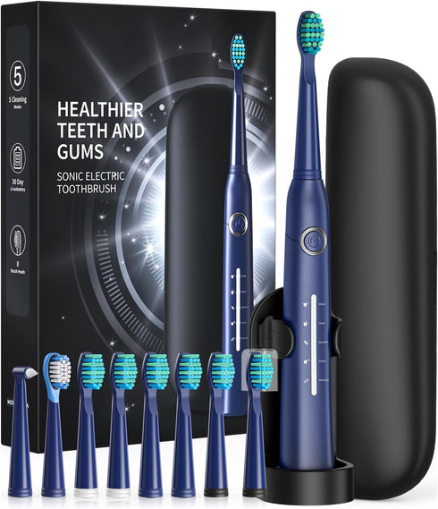 Electric Toothbrush with Travel Case, Sonic Toothbrush for Adults with 8 Brush Heads for 2-Year Use, 40000 VPM Deep Clean Rechargeable Toothbrushe...