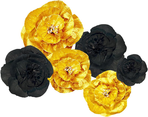 3D Paper Flowers Gold Black Graduation Craft Paper Flowers,6PCS Paper Pom Pom Backdrop Photo Booth for Baby Shower Decor Centerpiece Wedding Birth...