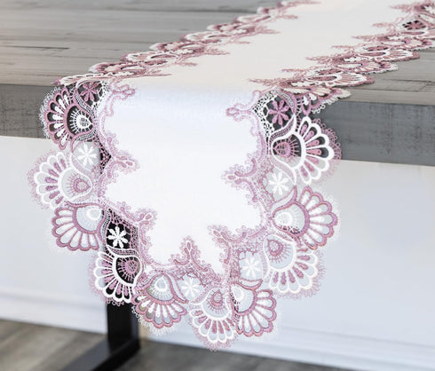 White Mauve Rose Jacquard Peacock Tail Lace Table Runner, Dresser Scarf, Coffee Table Runner, Pink Light Purple (16Wx35L)...