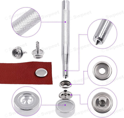 Swpeet 62Pcs Canvas Snap Kit, Stainless Steel Marine Grade Canvas and Upholstery Boat Cover Snap Button Fastener Kit Including 3/8" Sockets 13mm M...