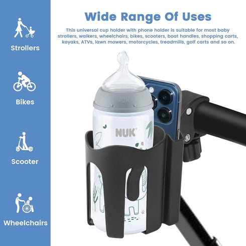 Universal Stroller Cup Holder with Phone Holder, 2-in-1 Cup Phone Holder, Mega Strength Adjustable Clamp fits on Any Bike, Walker, Wheelchair, Lar...