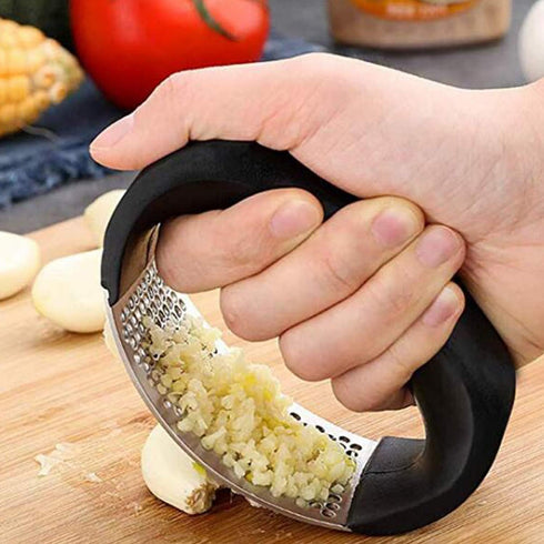 Garlic Press Rocker - Stainless Steel Garlic Crusher, Chopper, Mincer with Silicone Garlic Peeler, Mini Brush Tools For You (Black)...