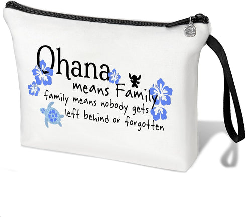 Ohana Means Family Cosmetic Bags for Women Stitch Makeup Bag Hawaiian Hibiscus Zipper Pouch Bag Family Gifts for Women (White ohana gifts)...
