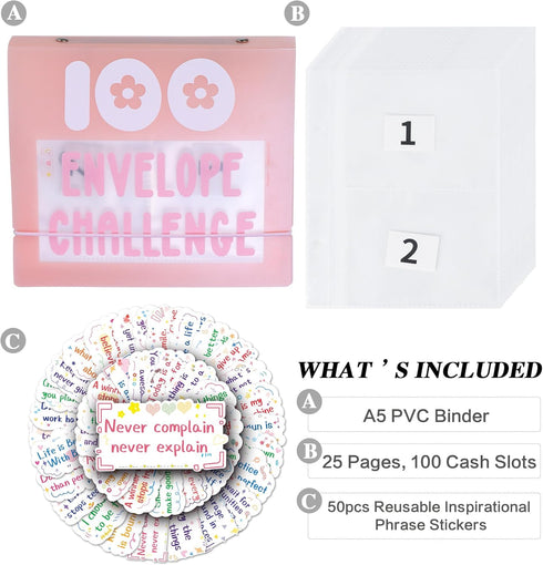 100 Envelopes Money Saving Challenge 100 Day Challenge Money Saving Binder Saving Money Challenge Book Envelope Challenge Binder with 50 Pcs Cute ...