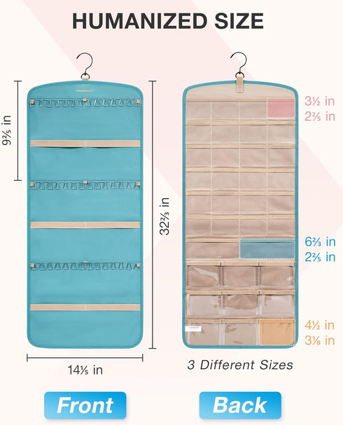 BAGSMART Hanging Jewelry Organizer, Necklace Holder Anti-tangle Earrings Rings Hanger with 20 Jewelry Bags Travel Storage Roll with Pockets Hang o...