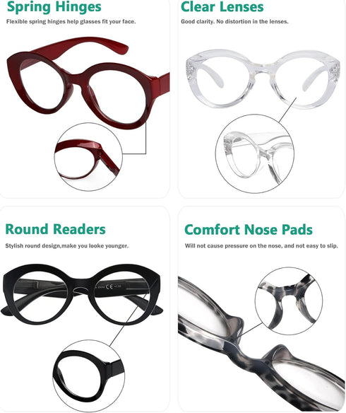 Eyekepper 4 Packing Round Reading Glasses Women Large Frame Stylish Readers +0.50...