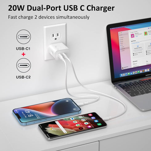 USB C Fast Charger Block, 2-Pack 20W Dual Port USB C Charging Block Wall Plug,Fast Type C Charger PD Power Adapter for iPhone 15/15 Pro/15 Pro Max...