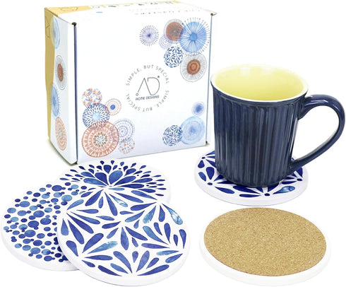 AD Set of 6 Coasters for Drinks Absorbing Round Ceramic Stone Coaster with Cork Base,Tabletop Protection Mat for Mugs and Cups,Office,Kitchen (Ind...