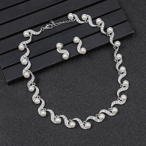 Pearl Bridal Necklace Earrings Set Sliver Rhinestone Necklaces Crystal Bride Choker Necklace Jewelry Set Pearl Accessories for Women...