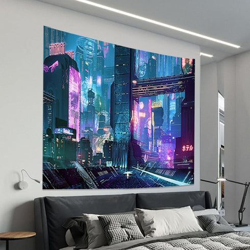 Honcet Anime Punk Neon Cityscape Wall Tapestry for Bedroom, Japanese Punk Street Cityscape Room Decor Tapestries, Futuristic Neon Skyscraper Tapes...