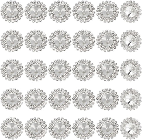 30pcs 1inch Silver Round Rhinestone Buttons Sparkle Embellishments Glass Crystal Buttons 1-Hole Alloy Rhinestone Shank Buttons for Clothing Button...