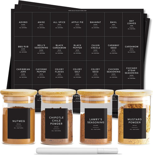 ThreeKin 230 Spice Jar Labels | Waterproof & Oil-Resistant Black Minimalist Stickers for Kitchen Organization | Common & Customizable for Herbs, S...