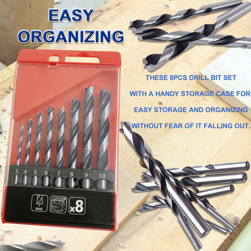 JONMON Brad Point Drill Bits - 8 Pcs 3-10mm Spur Point Spiral Twist Wood Metric Drill Bits with Durable Case Wood Working Tool for Hardwood or Sof...